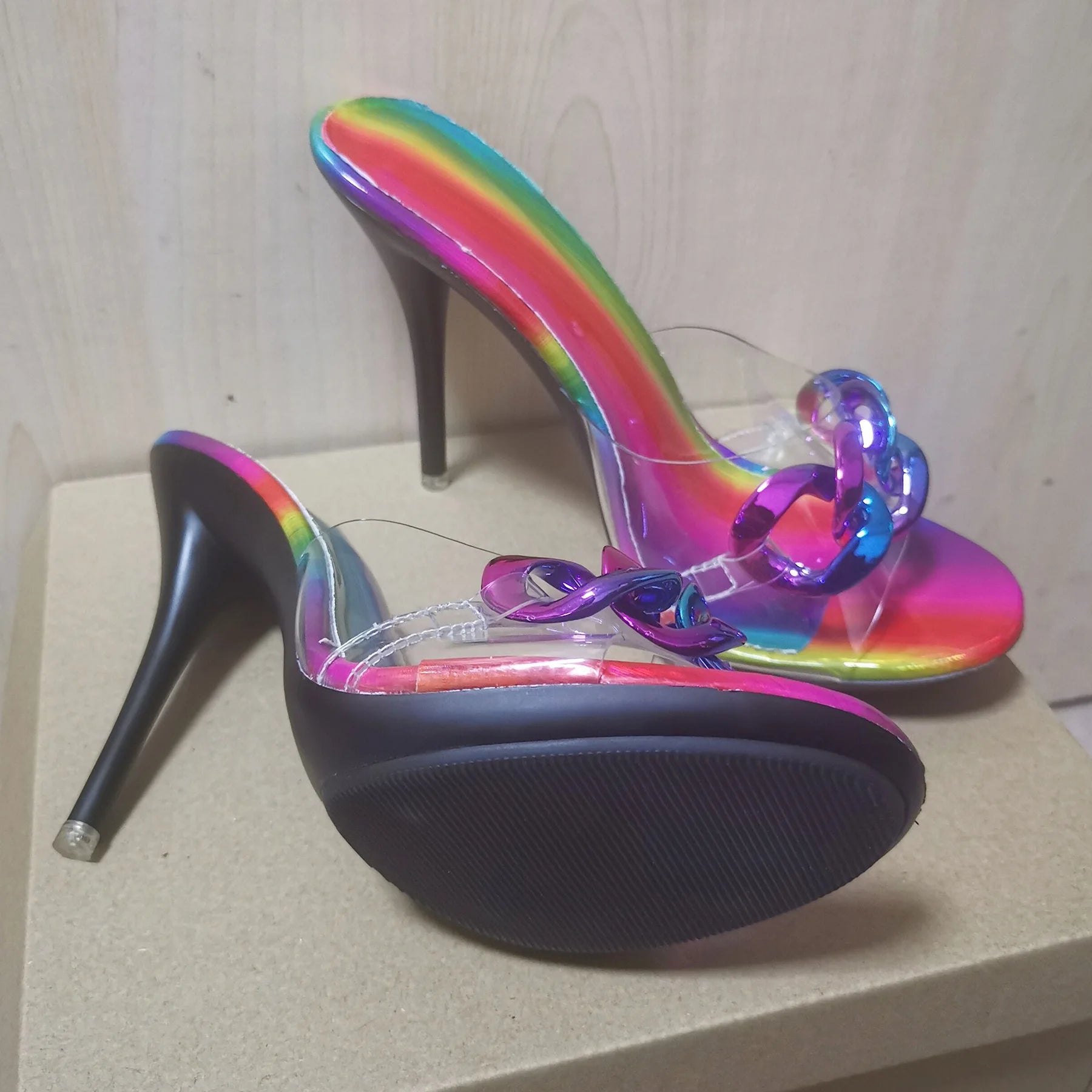 2022 New Diamond Chain Women Pumps Slippers Thin High Heels Party Shoes Fashion Solid Color Summer Dress Sandals Shallow Mouth