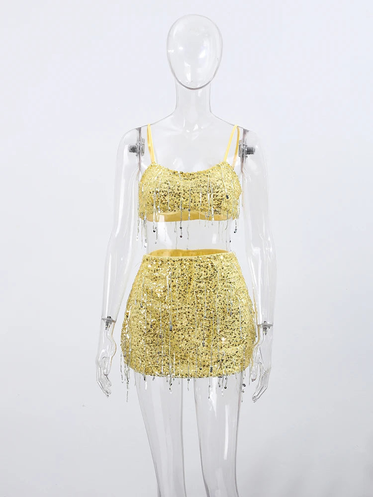 Sexy Tassel Chains Women's Set Elegant Solid Sequins Hip Package Female Party Mini Skirts Summer Holiday Lady Outfit Beachwear