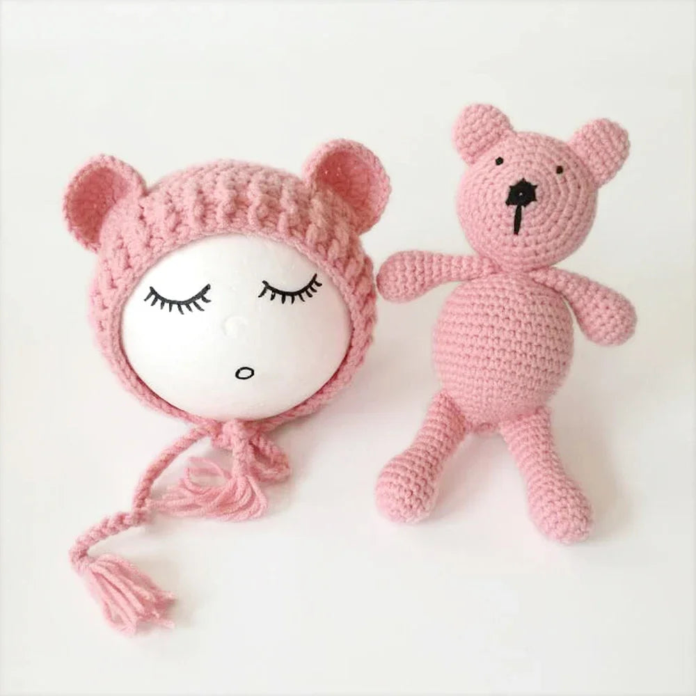 Newborn Photography Props Baby Bear Caps Rabbit Dolls Girls Boy Infant Baby Crochet Knitted Hat Photoshoot Accessories