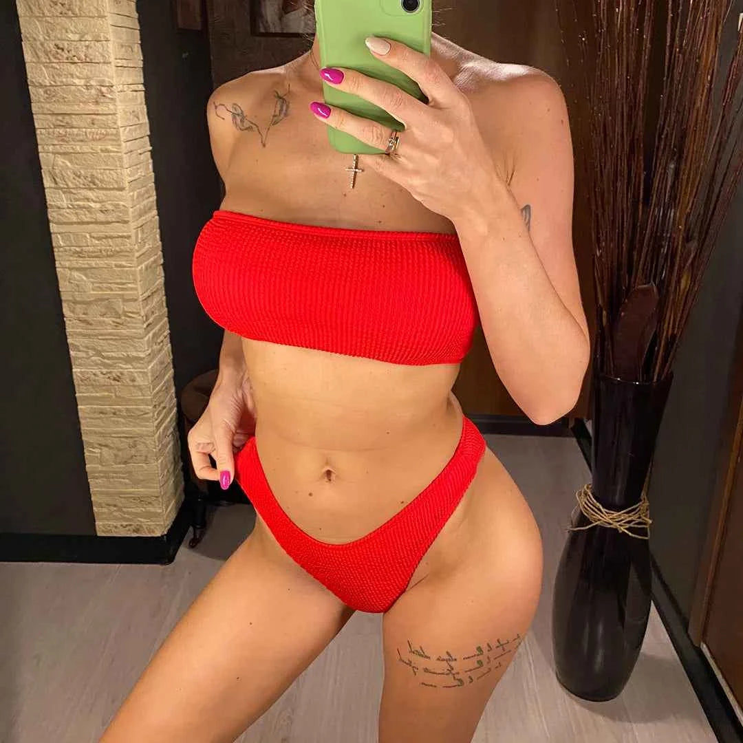 Bandeau Wrinkled Crinkled Bikini Female Swimsuit Women Swimwear Two-pieces Bikini set High Cut Bather Bathing Suit Swim V3314