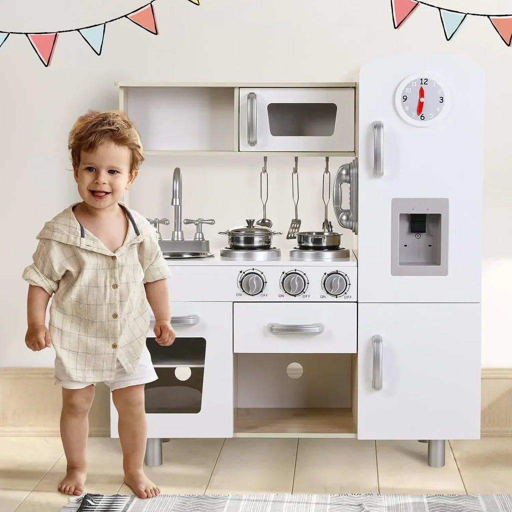 Wooden Play Kitchen Set Pretend Play Kitchen with Lights and Sounds for Kids Ages 3+, Includes Stove Oven Microwave Coffee Maker