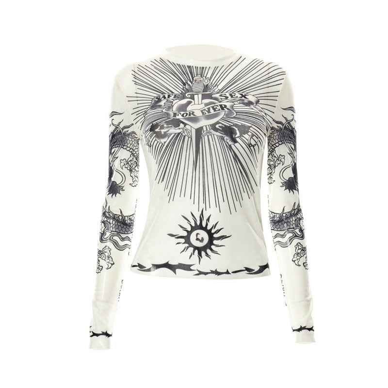 Y2k Aesthetic Punk Clothes Graphic Tees Women Gothic Fashion Full Sleeve Woman Tshirts See Through Streetwear Egirl Tops T Shirt