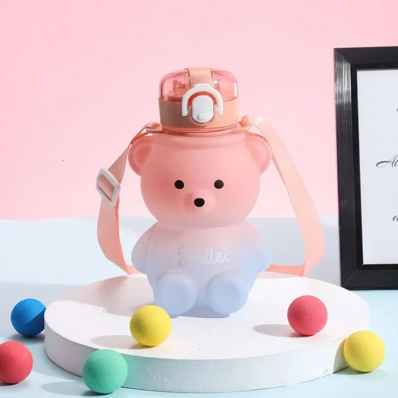 Bear Water Bottle 800ml Cute Kawaii Teddy Bear Water Bottle with Straw & Strap Leak-Proof Drinking Cup Gift for Kids & Girls