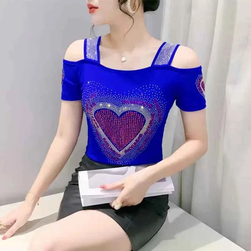 New Arrival Summer European Clothes Women's T-Shirts Chic Luxury Butterfly Hot Diamonds Tees Sexy Girl Slim Streetwear Tops
