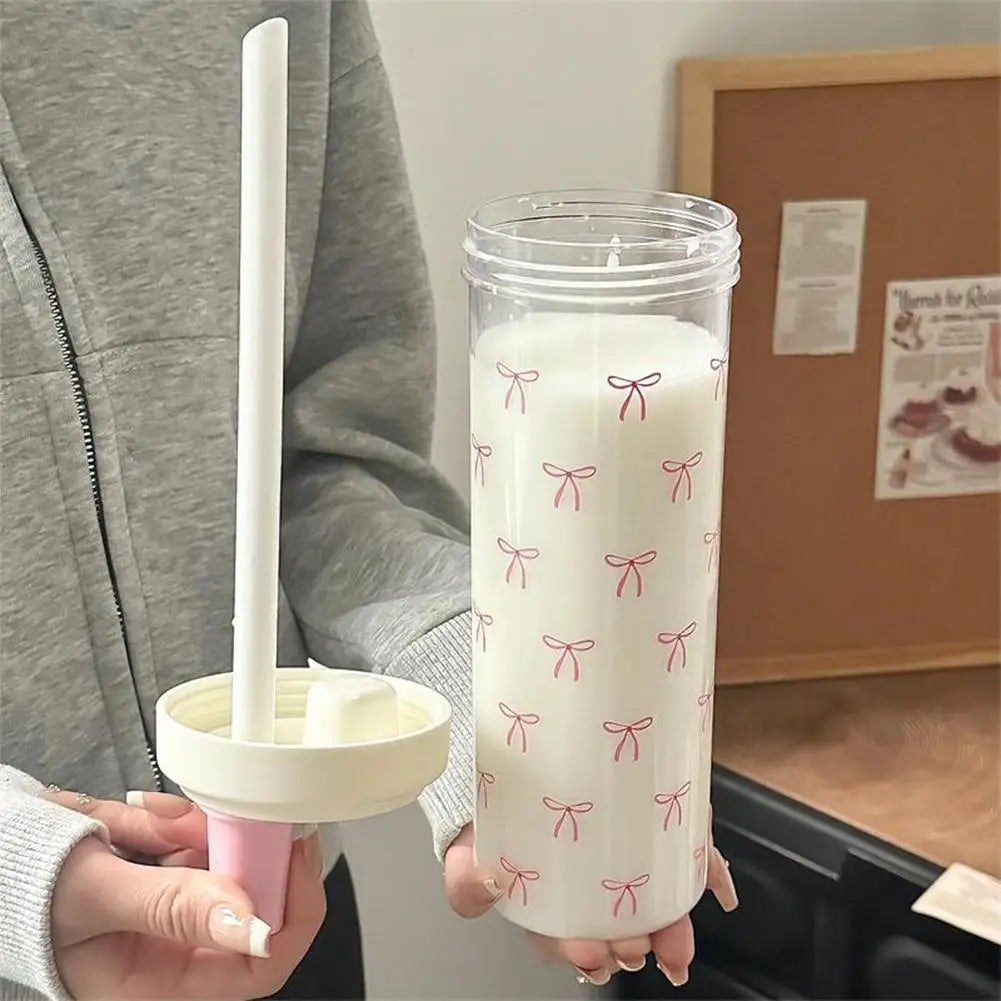 Cute Pink Bow Straw Water Bottle Fashionable Travel Safe Odorless Large-capacity Portable Water Bottle For Travel