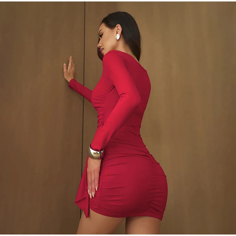 Casual Solid Pleated Bodycon Mini Dress Women Sexy Long Sleeve Waist-cinching Irregular Dresses 2026 Lady Chic Party Club Robe