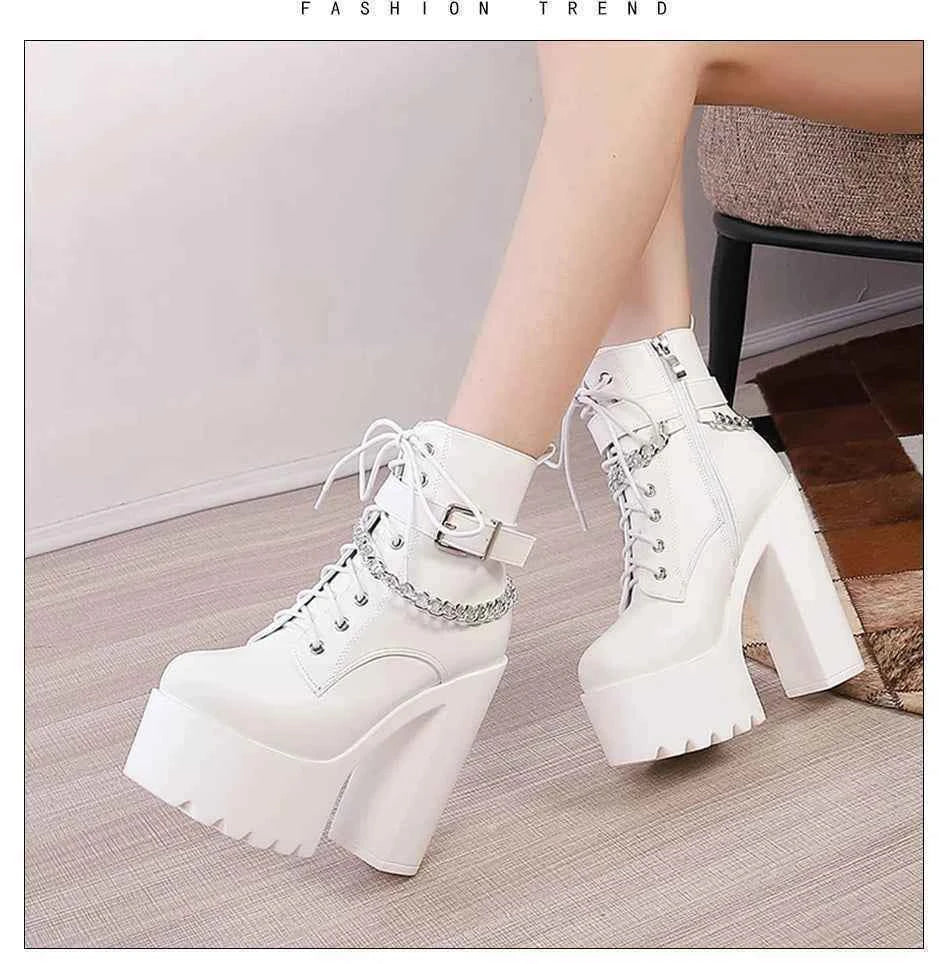 Gdgydh Gothic Buckle Strap Ankle Boots Women Faux Leather Platform Block Chunky Heels Chain Ultra High Heels Motorcycle Boots