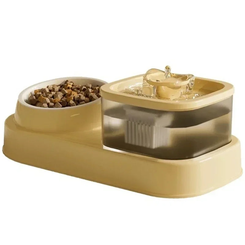 Beige1 Color Cat Water Fountain Bowl with Food Dish – 2-in-1 Feeder
