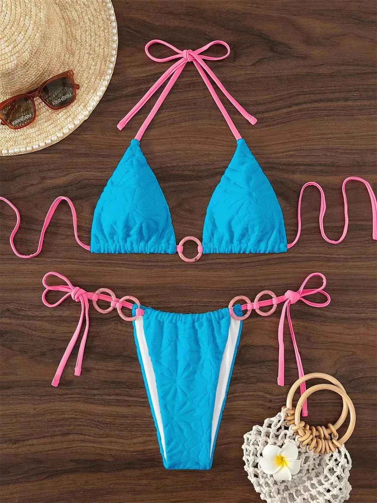 Sexy Triangle Bikini Women White Contrast Ring Linked Criss Cross Micro Swimsuit 2024 Beach Bathing Suit Tie Side Thong Swimwear