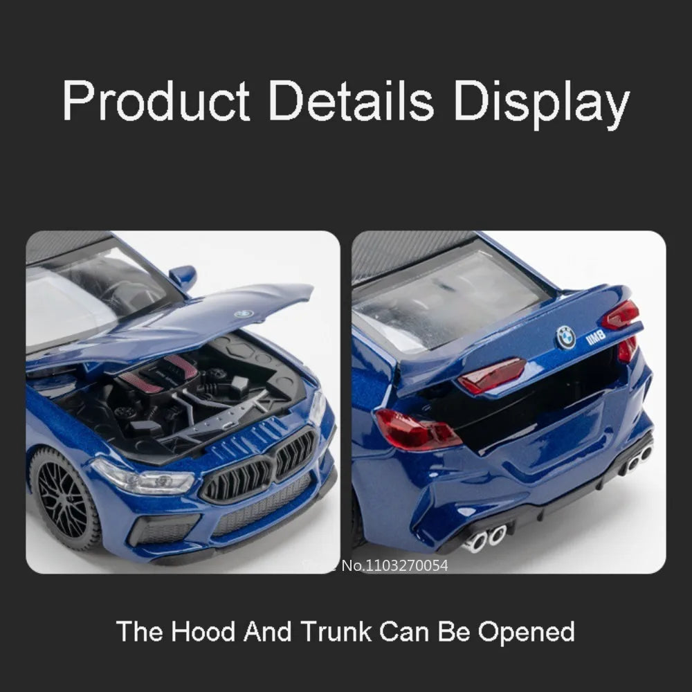 1:32 M4 M8 Miniature Car Alloy Diecast Model Toys 4 Doors Opened Rubber Tires Sound Light Pull Back Vehices Home Decor Ornaments