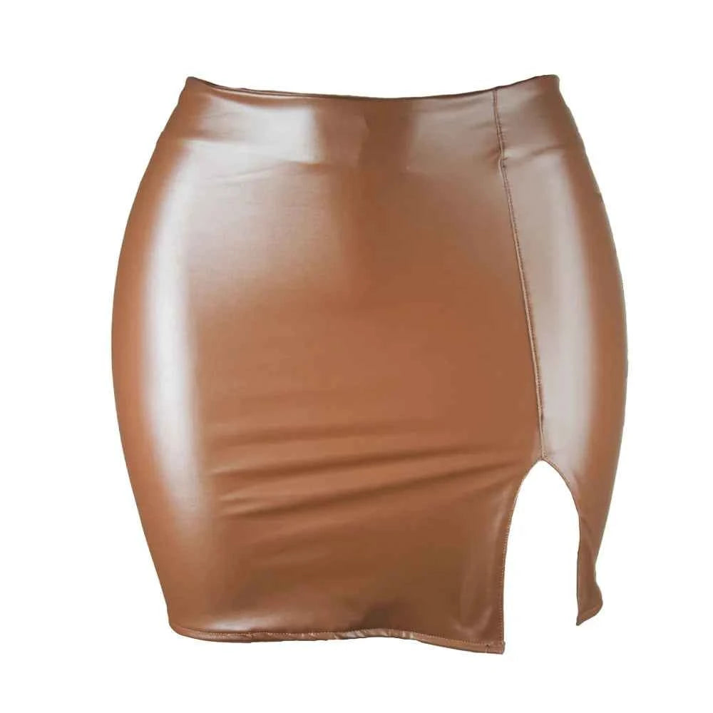 2025 Women Leather Night Clubwear Skirts Summer Pure Color PU-leather Zipper Sexy Hip Leather Mini Skirts