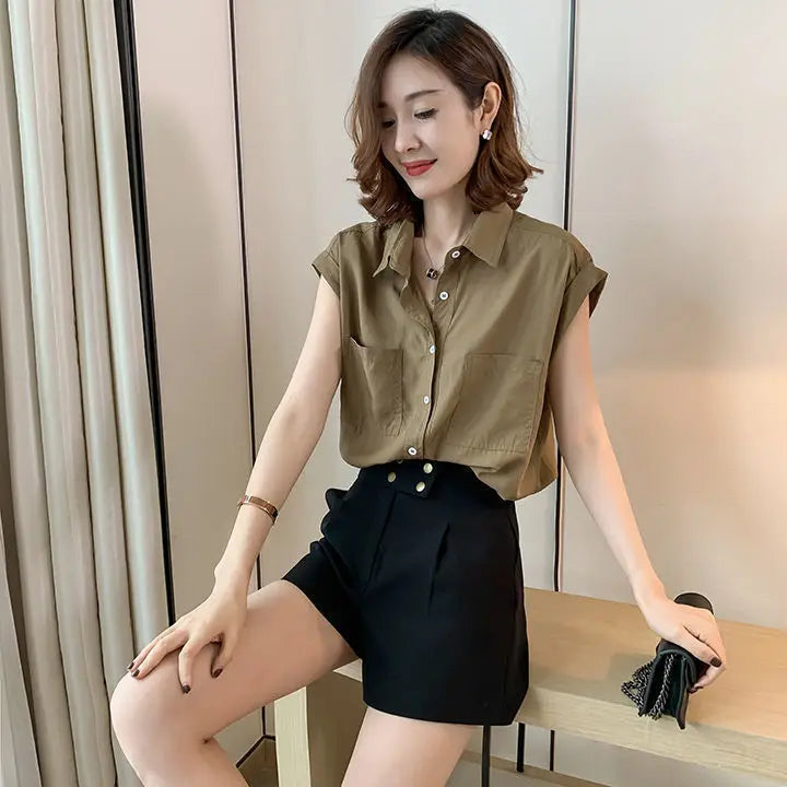 Korean Style Particular Beautiful  Blouses  Tops for Woman Youth Short Sleeve Floral Fashion Sexy Tunic Black Satin Shirt Woman