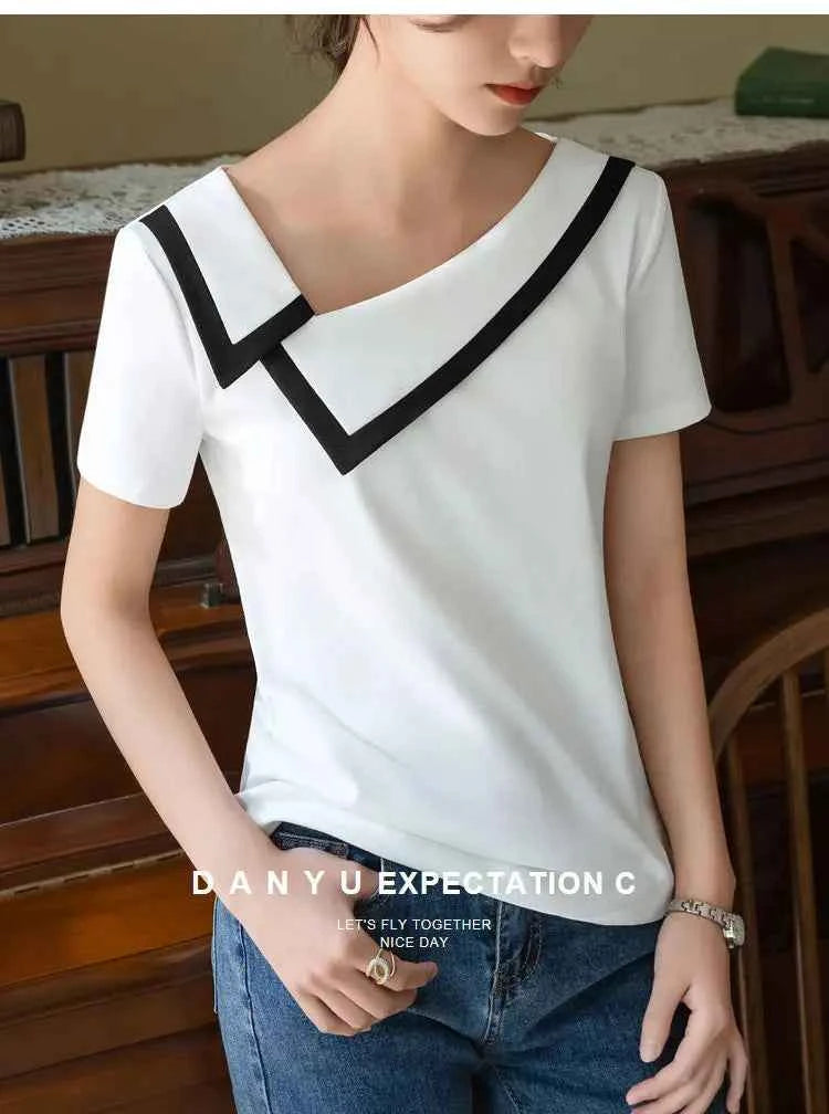 French Haute Couture Niche Design Black White Panelled Diagonal Neck Short Sleeved T-shirt Women's Patchwork Fashion Slim Top