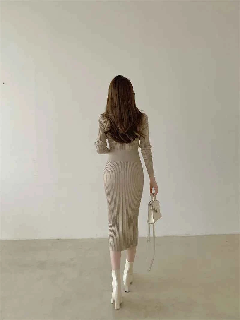 Autumn Winter Sweater Dress For Women 2024 New Arrivals Buttons Up V Neck High Waist Long Knitted Dress Korean Maxi Dresses