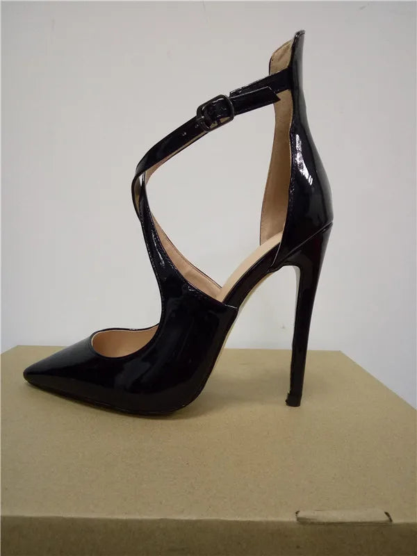 2025 New Baotou Buckle Stiletto High Heels European and American Lacquer Cross Strap Roman Cool Boots Large Size 33-46