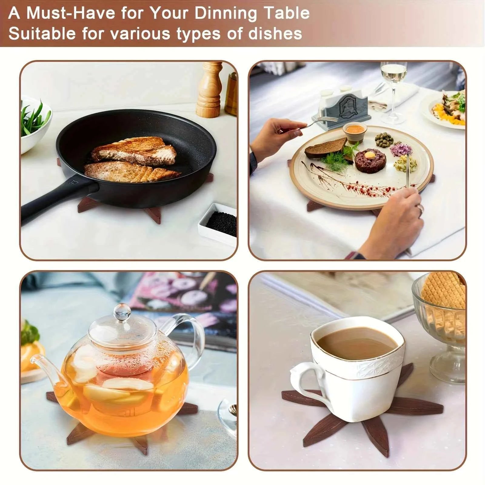 Tree Shape Wooden Trivet Set 4 Trivets + 1 Stand for Hot Dishes Natural Foldable Kitchen Trivet for Pot Bowl Teapot Hot Pot Hold