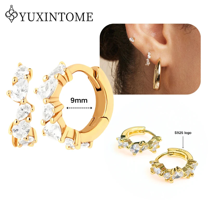 Women's 925 Sterling Silver Ear Needle Crystal Zircon Water Droplets Stud Hoop Gold Huggie Earrings Premium Luxury Party Jewelry
