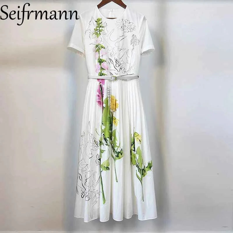 Seifrmann printed white background poplin dress 2025 autumn round neck short sleeved waist cinched long skirt belt dress