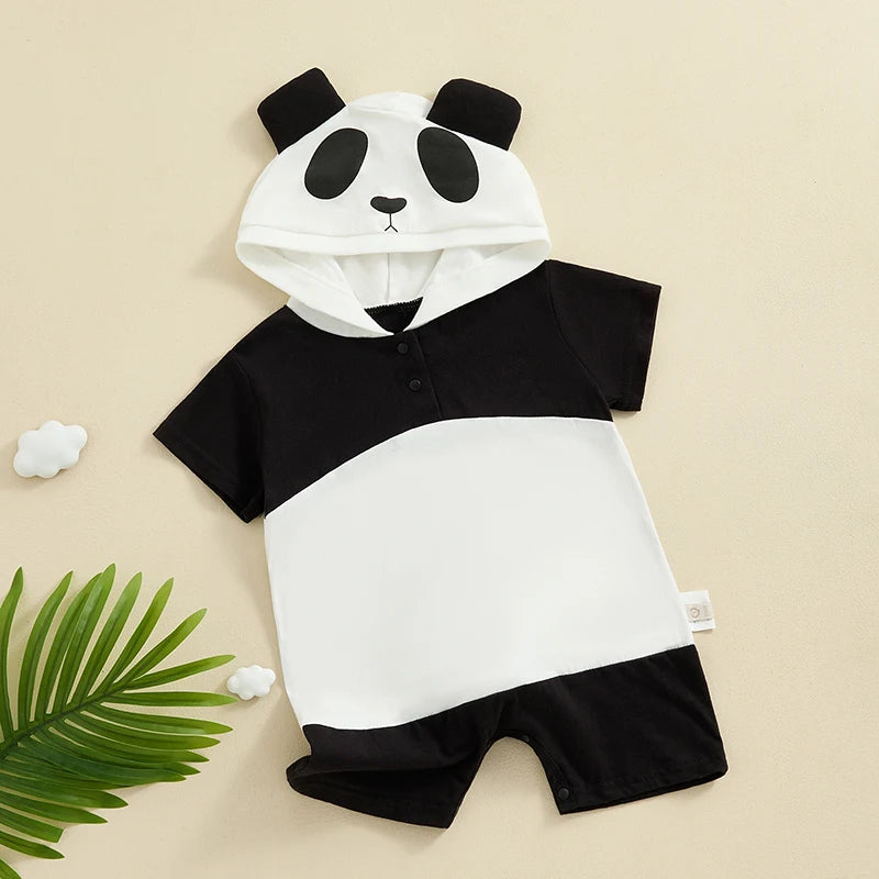 2024-04-11 Lioraitiin Summer Baby Boys Girls Panda Costume Short Sleeve Romper Cute Hooded Jumpsuit Cosplay Outfit