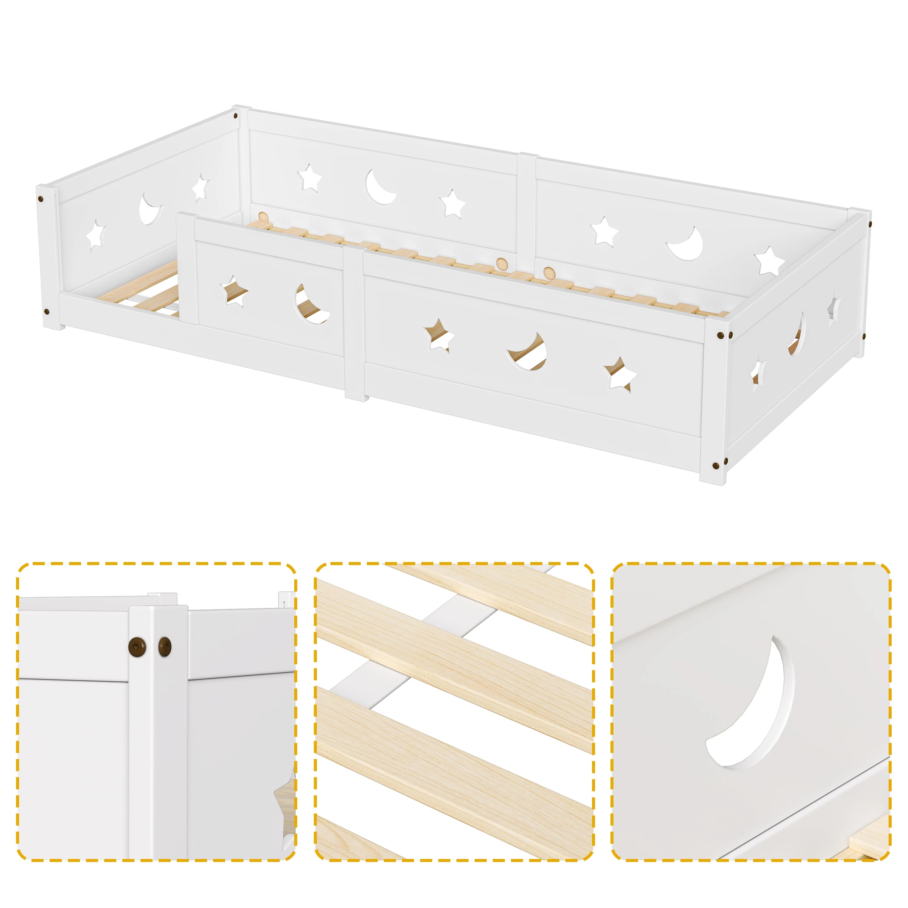 RosahqndaKids Children's Bed Solid Montessori Wooden Floor Bed with Fall Protection - Safe Toddler Bed - Scandinavian Design