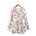 2025 Women White Pink Flower Print Puff Long Sleeve Dress Open Buttons Wood ears Ruffles Hem Mini Shirt Dresses Holiday Robe
