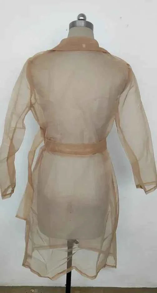 Joskaa Solid Organza See Through Lapel Full Sleeve Trench 2023 Summer Women Fashion Buttoned Coat with Belt Elegant Shirts