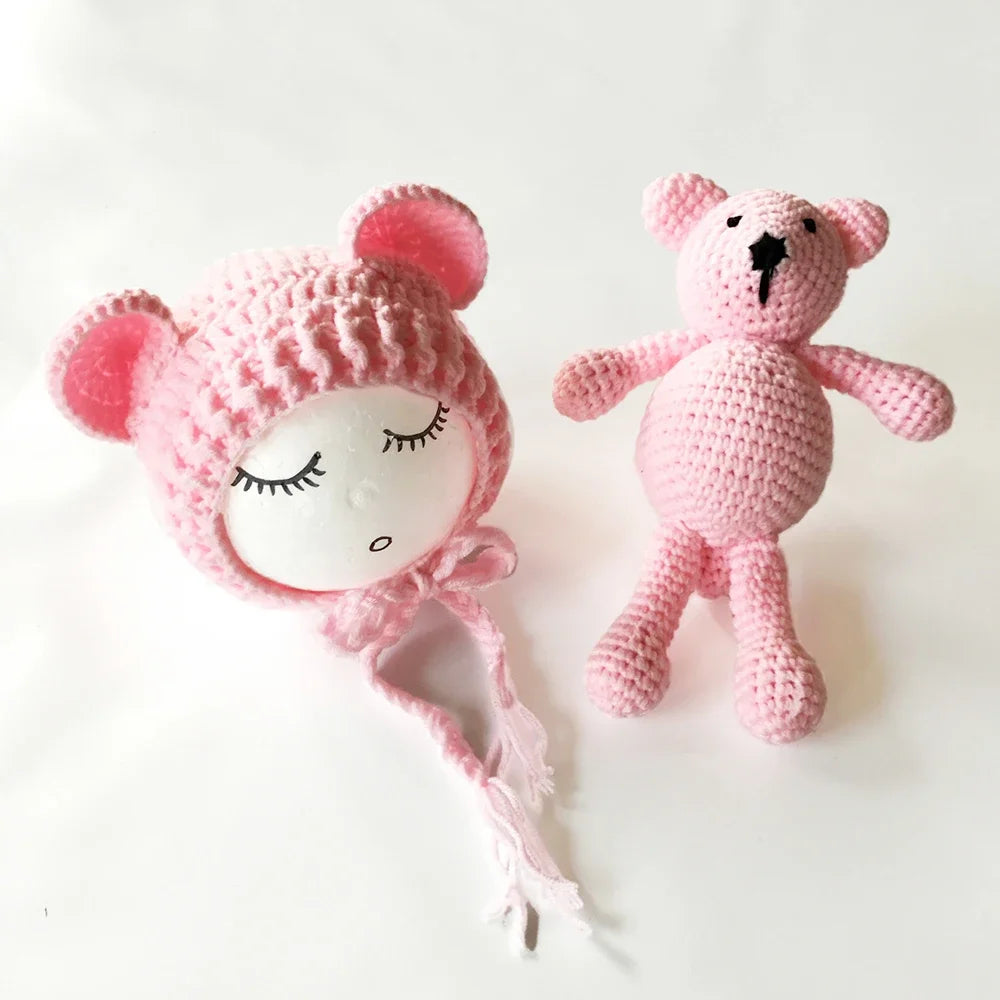 Newborn Photography Props Baby Bear Caps Rabbit Dolls Girls Boy Infant Baby Crochet Knitted Hat Photoshoot Accessories