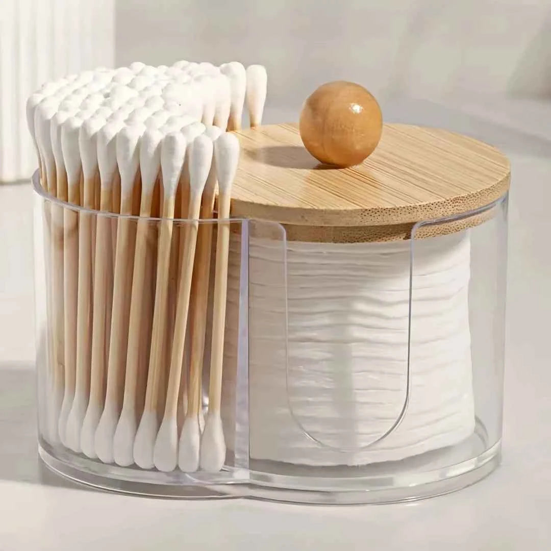 Holder with Dual Compartments - Clear Cotton Swab and Cotton Balls Organizer - Transparent Bathroom Storage Container for Makeup