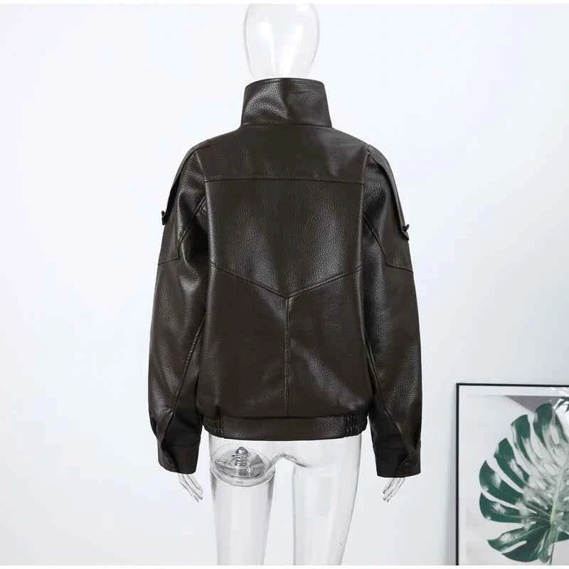 Vintage PU Leather Women's Jacket Stand Collar Zipper Button Coats Female Long Sleeve Outerwear Spring Lady Street Jackets