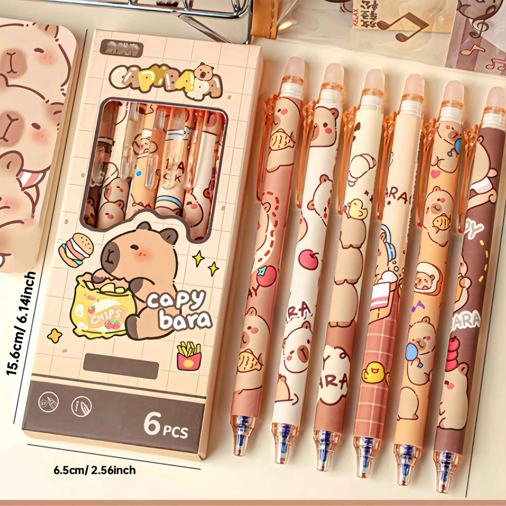 6pcs Cute Capybara Erasable Gel Pens | 0.5mm Retractable Blue Ink for School & Office | Smooth Writing & Quick-Drying (6 Colors)