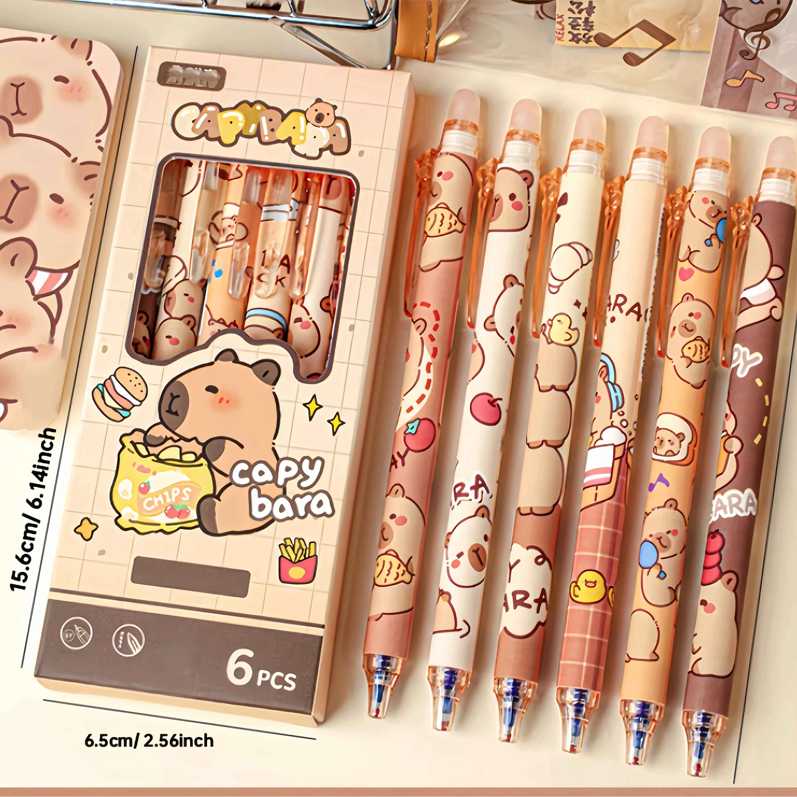 6pcs Cute Capybara Erasable Gel Pens | 0.5mm Retractable Blue Ink for School & Office | Smooth Writing & Quick-Drying (6 Colors)
