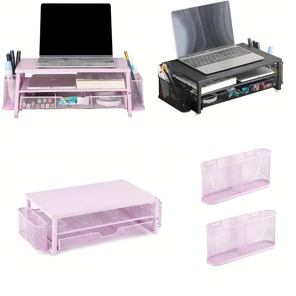 2-Tier Desk Organizers and Accessories, Pink & Black Computer Monitor Stand with Drawer, Pen Storage & Tablet Phone Holder