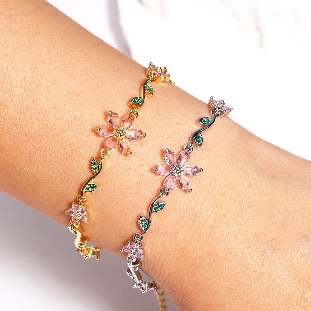 Luxury New Fashion Exquisite Green Leaf Flower Bracelet For Women Pink Cubic Zirconia Chain Shiny Rhinestone Bangle Jewelry