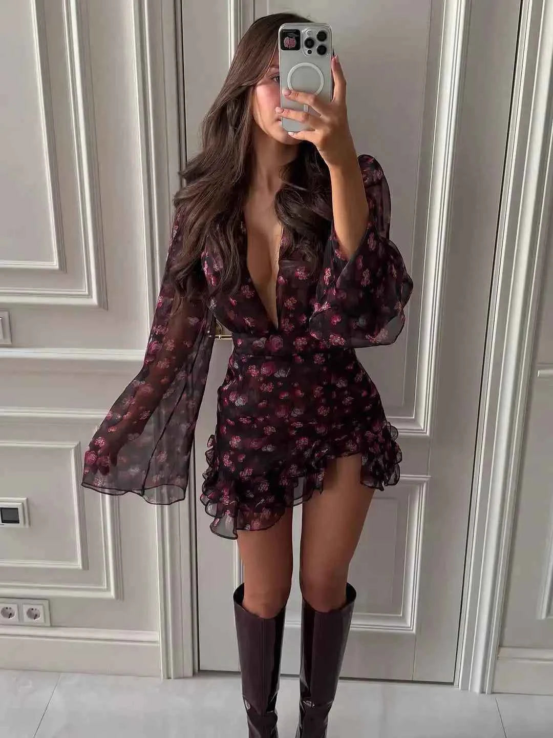 Flora Painted Ruffle Mini Dress Women Elegant Full Sleeve Deep V-neck Slim A-line Dresses 2026 Lady Holiday Street Outwear New