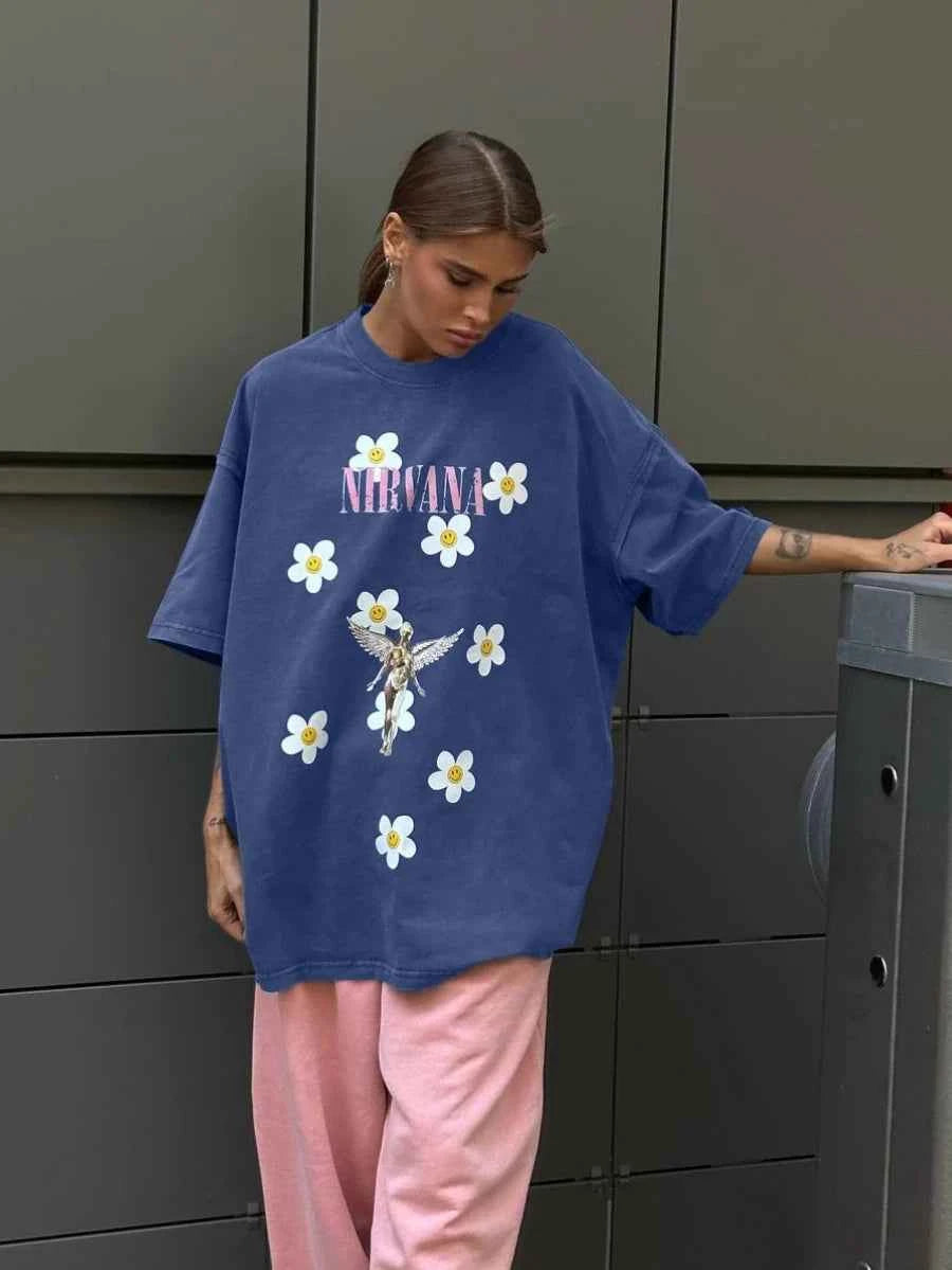 Sumuyoo Women's Retro Printed T-shirt Cotton Men Vintage Short-sleeve Wax Printing T Shirts Fashion Hip Hop Loose Fflower Tees