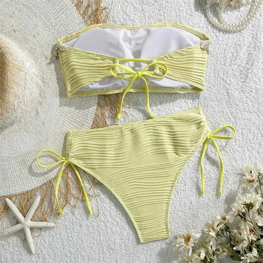 Shell Starfish Edge Bandeau Bikinis Sets Yellow Texture Solid Swimwears Sexy Swimsuit Women 2026 Lace-up Bathing Suit Bikini