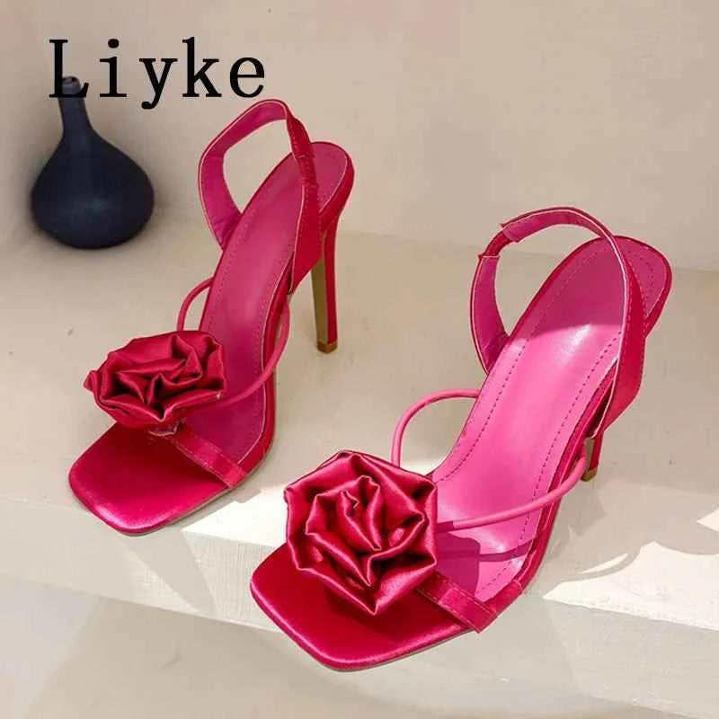 Liyke Summer Square Toe Slip On Back Strap Sandals Women Fashion Red Rose Flowers Designer High Heels Ladies Shoes Size 35-42