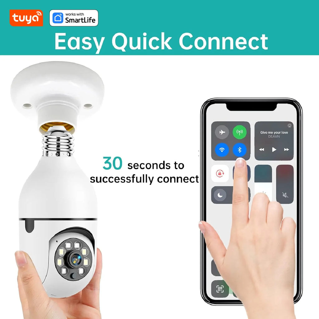 Tuya Smart E27 Security Camera 2.4G 3MP HD for Home,Baby/Elder/Pet Camera 100-240V W/Phone App,Color Night Vision 2-Way Audio