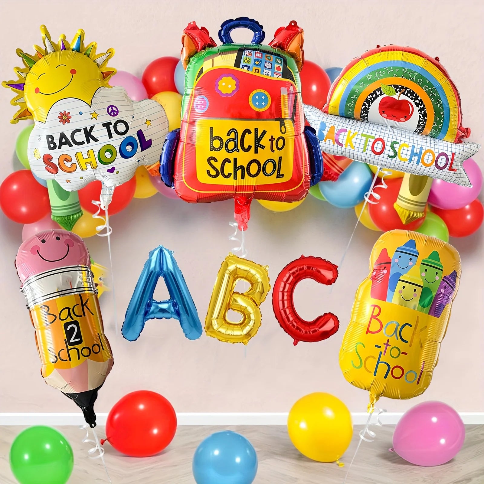 8Pcs Back To School Foil Balloons Large School Bag Pencil Crayon ABC Balloons for Kids Classroom First Day of School Decoration