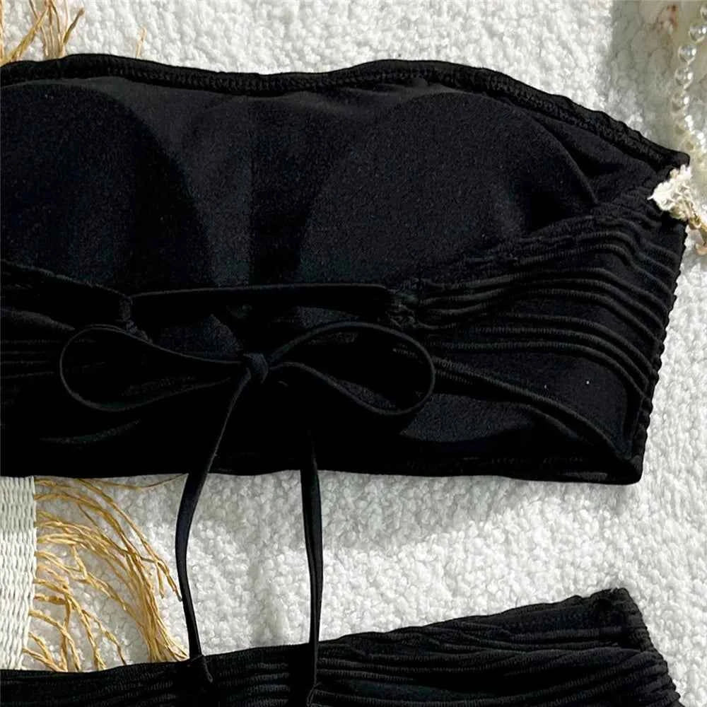 Shell Starfish Edge Bandeau Bikinis Sets Yellow Texture Solid Swimwears Sexy Swimsuit Women 2026 Lace-up Bathing Suit Bikini