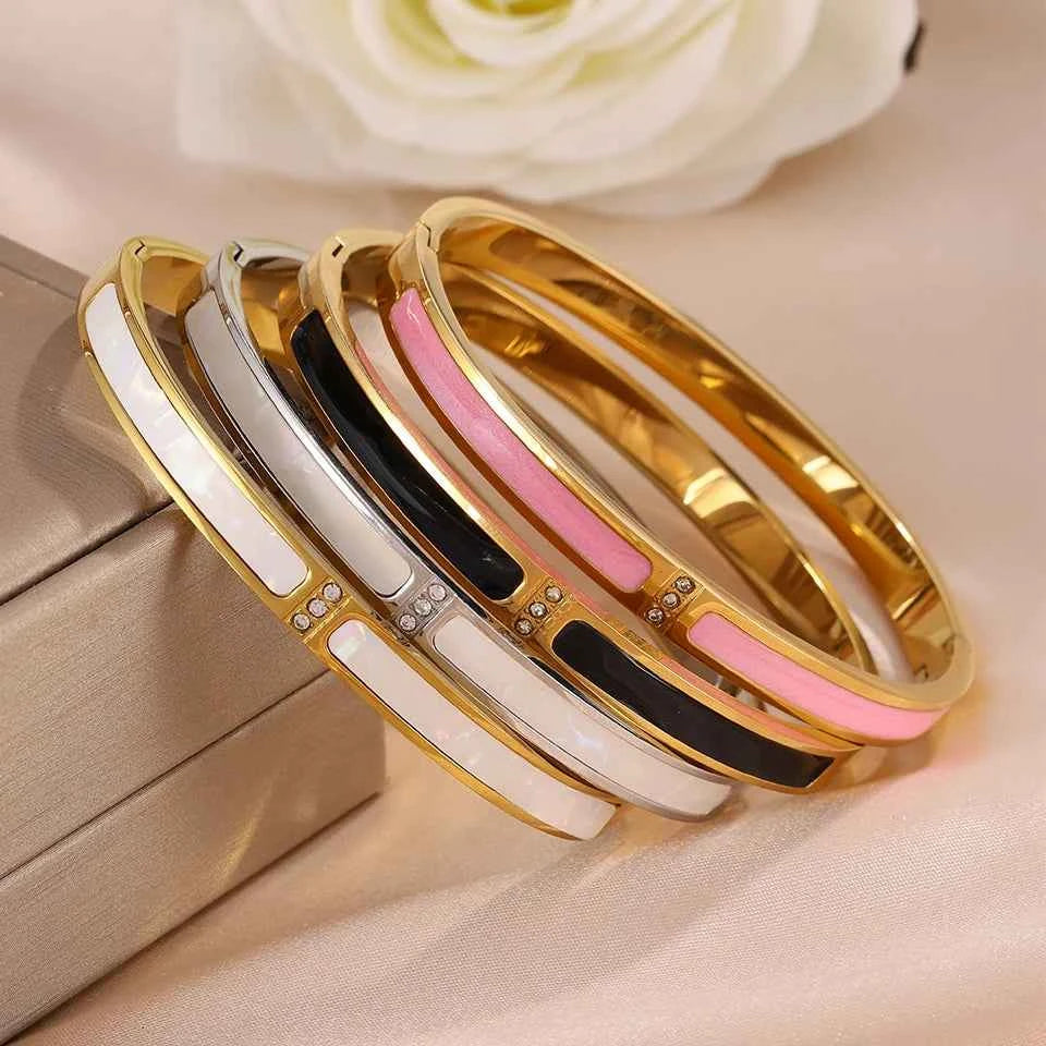 Yupsk New Pink Black Enamel Stainless Steel Bracelet for Women No Fade Color Bangle Trendy Jewelry Accessories Gift