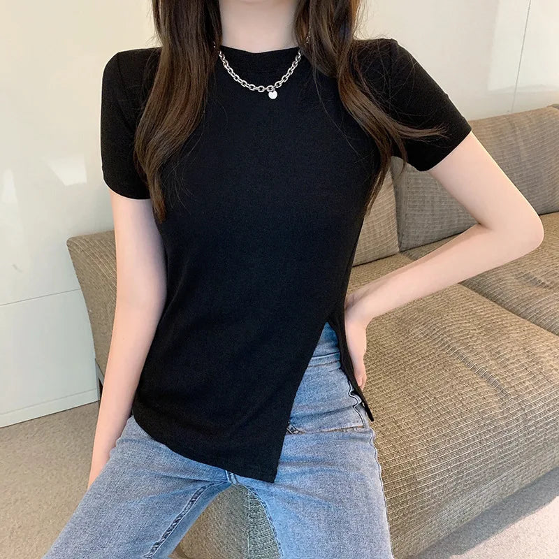 Korean Solid Slit Design Short Sleeve Tee Summer Y2K Streetwear Sexy Top New American Fashion All-match Top for Women