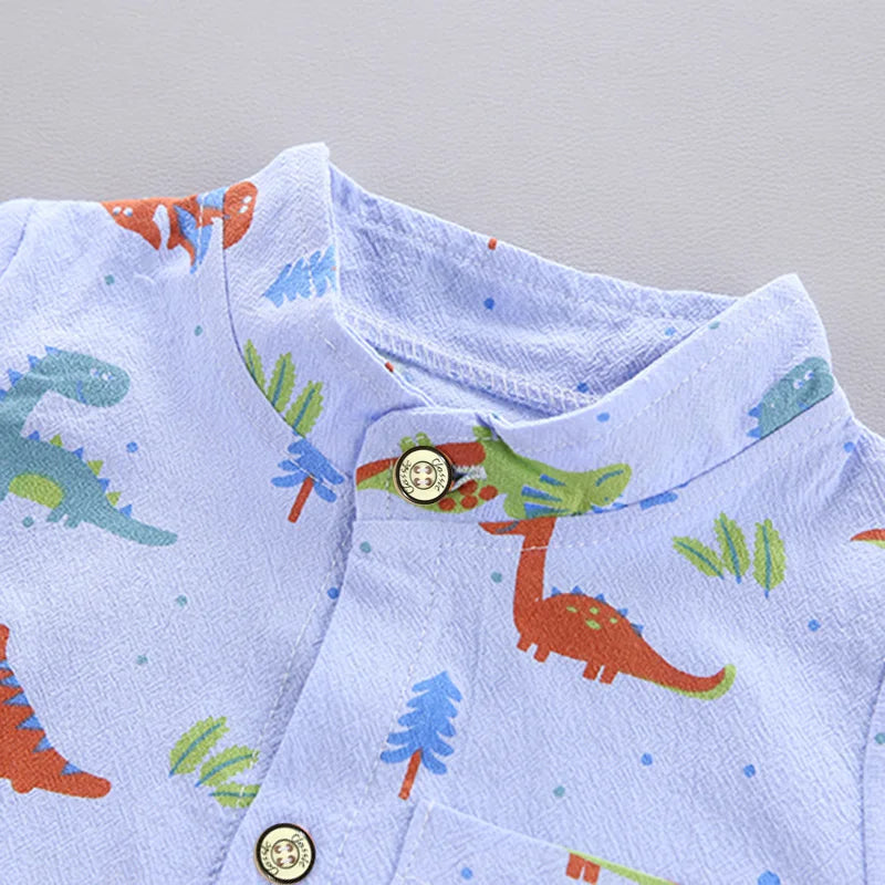 2PCS Children's Summer Cartoon Little Dinosaur Print Outfit with Standing Collar Shirt And Matching Shorts Set