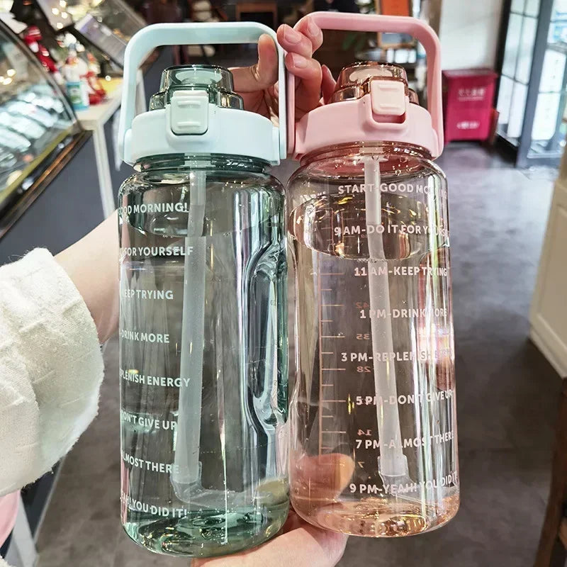 2L Water Bottle Portable Straw Plastic Water Cup for Outdoor Sports Fitness Adult High Value Big Fat Cup with Time Marker