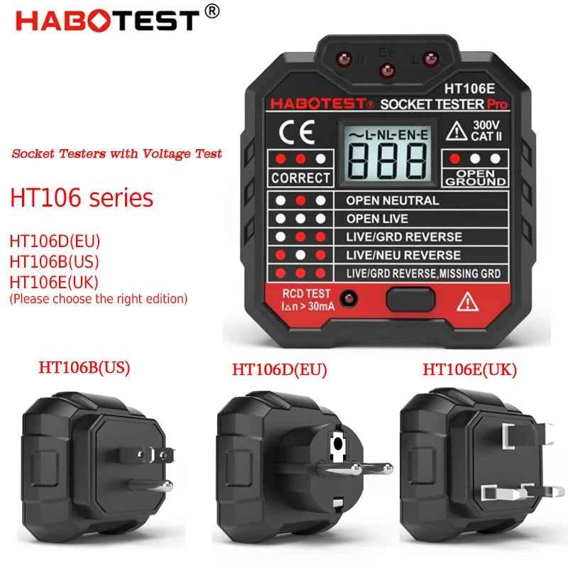 HT107 Outlet Socket Tester Digital Plug AC Voltage Detect 30mA RCD Test Polarity Phase Check Circuit Checker Bicolor Backlight