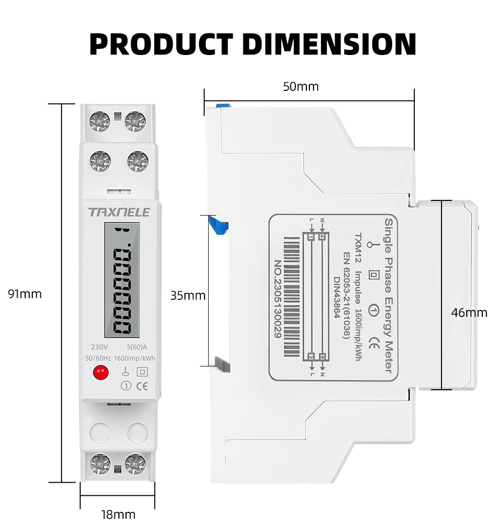 18mm Single Phase 1P 2 Wire Digital Wattmeter Power Consumption Analog Energy Meter kWh AC 230V 50Hz LCD Electric Din Rail Mount