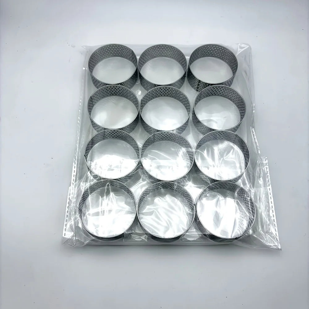 Set of 12 Stainless Steel Round Tart Rings - Perforated Molds for Mousses And Desserts,Cookie Cutters, Fruit Tart Molds
