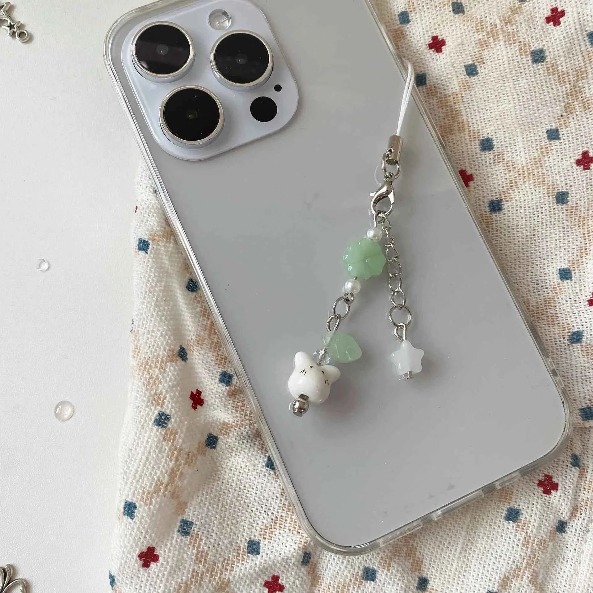 Handmade Four Leaf Clover Beaded Phone Charm Y2K Cute Ceramics Cat Backpack Keychain Bag Key Ring for Girls Christmas Gift