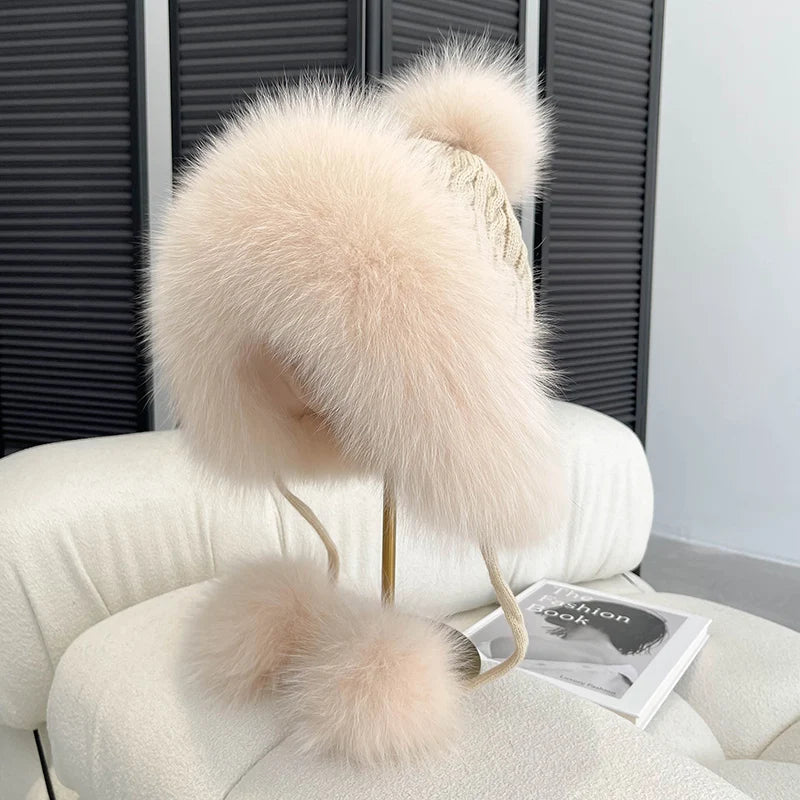 Winter Women Real Fox Fur Hat Fashion Casual Outdoor Warm Knitted Hats Girl Lovely 100% Natural Fox Fur Ear cap bomber caps