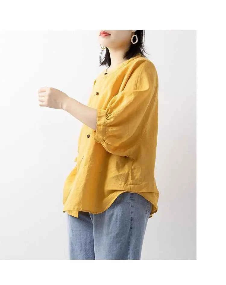 Cotton and linen shirt women's spring and summer thin solid color lantern sleeve stand collar top loose large size shirt